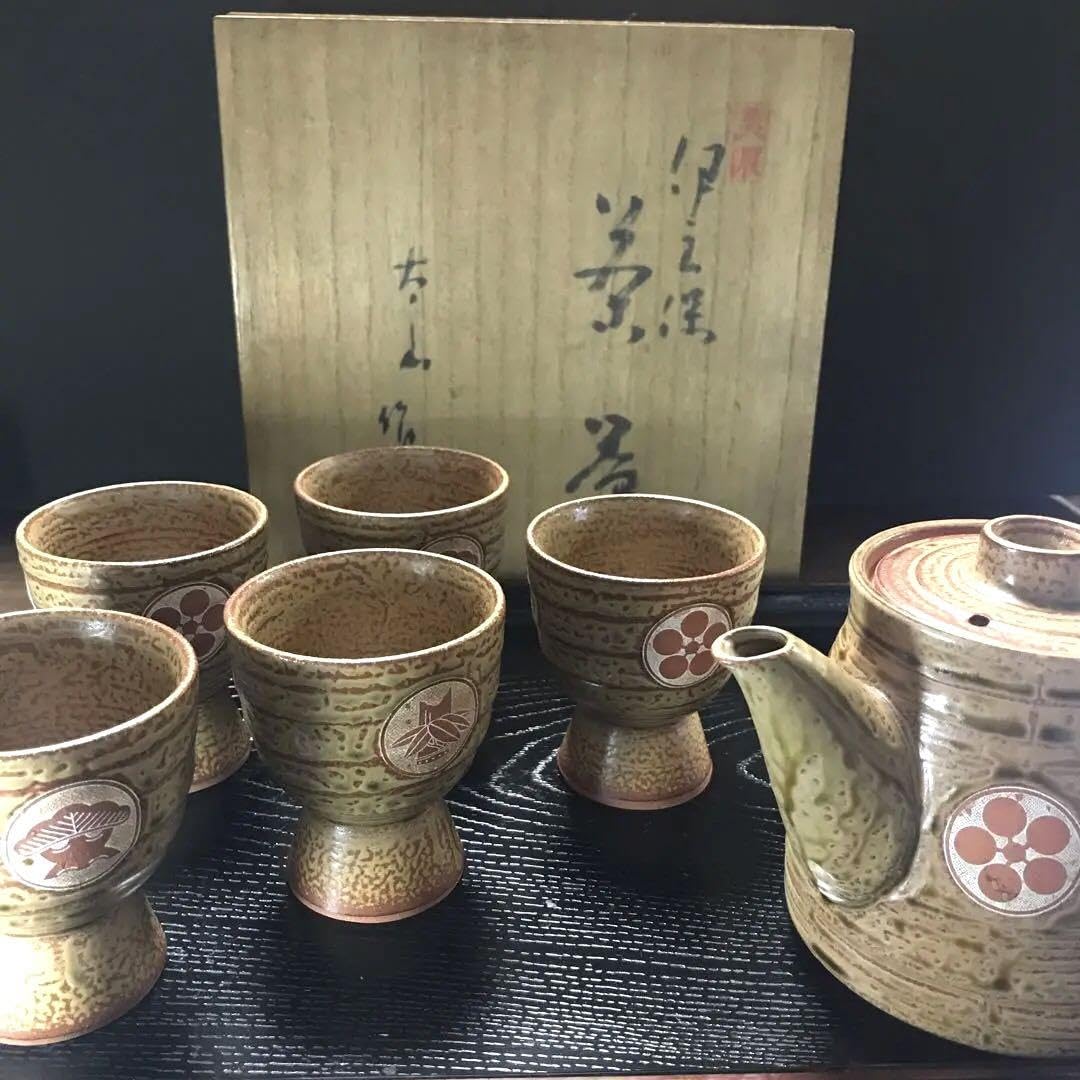 Amazon.co.jp: 美濃焼 太山窯 伊羅保 松竹梅紋 急須＆高足湯呑み